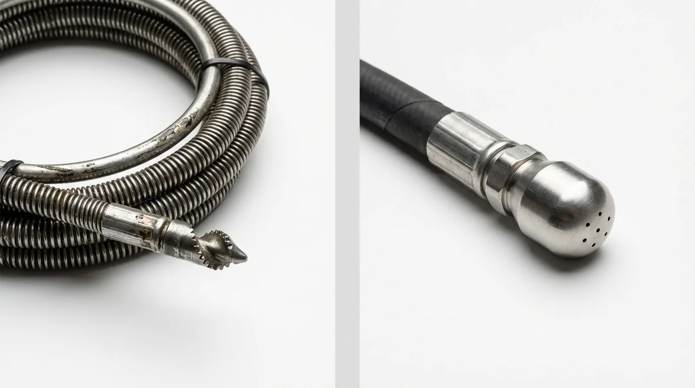 Drain snake cable and hydro jetting nozzle used for drain cleaning in Hooper Bay, AK