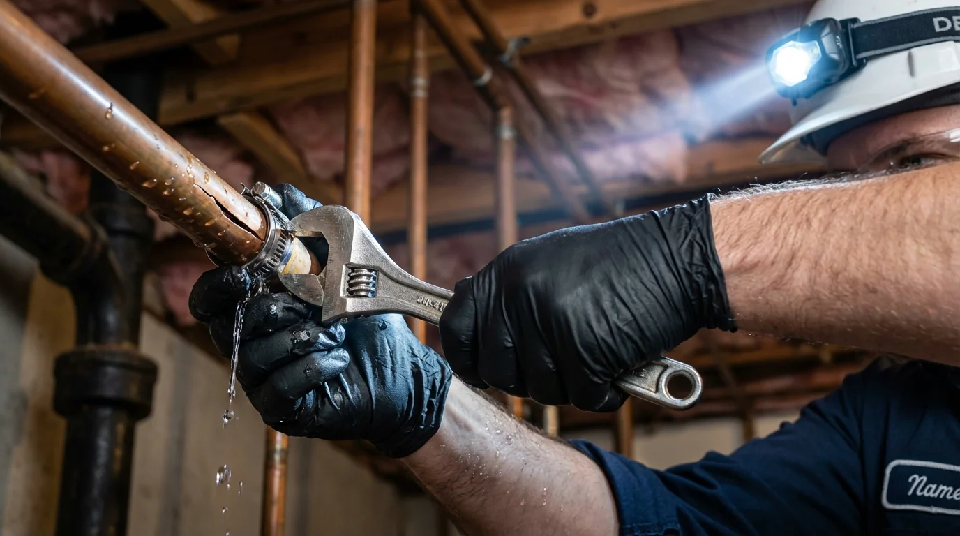 Emergency pipe clamp repair being performed by a Johns Plumbing LLC plumber in Hooper Bay