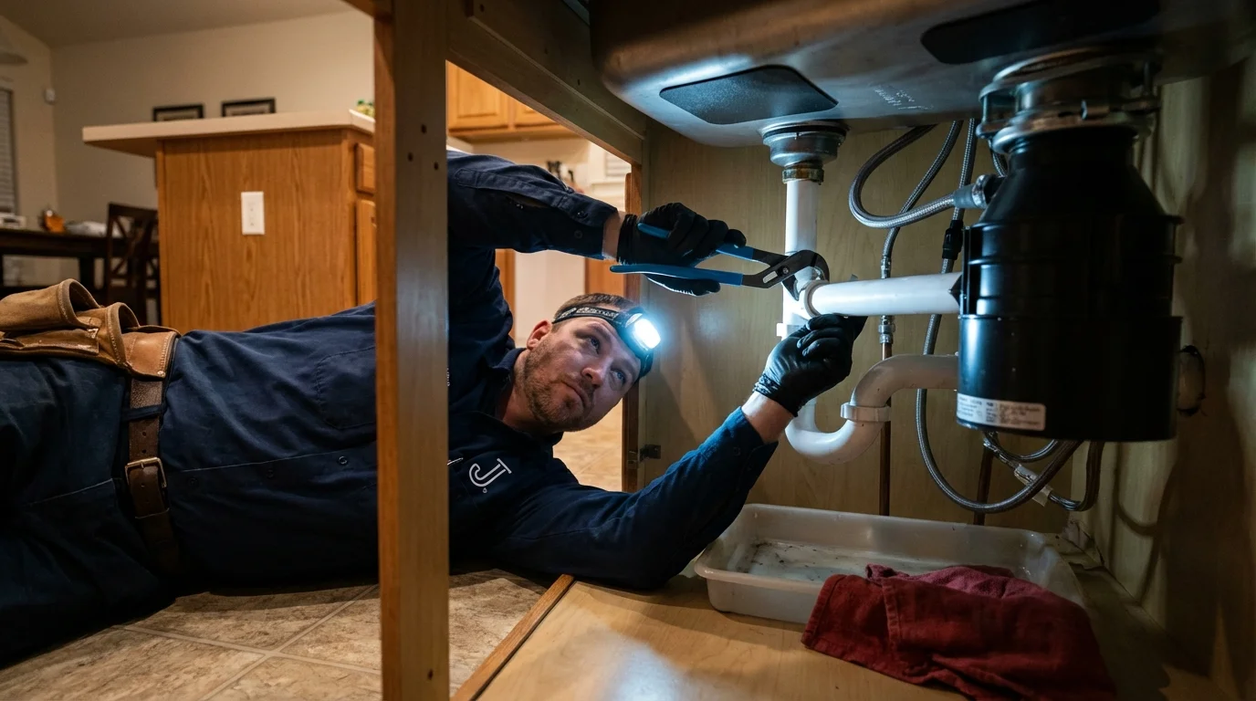 P-trap and supply line connections under a kitchen sink showing a common leak point in Hooper Bay, AK